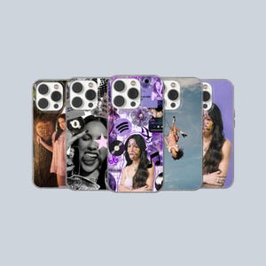 May include: Five clear phone cases featuring collage-style designs with purple and black accents. The designs include photographic portraits of a person, a person on a swing, a billiard ball, musical notes, and various abstract shapes and text elements.