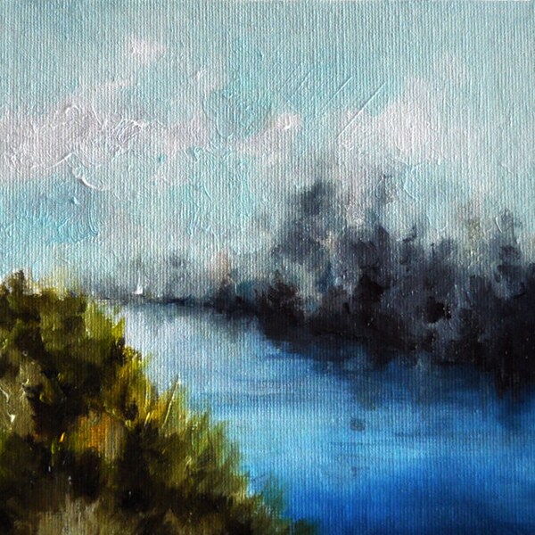 Abstract Landscape Painting, Original Daily Painting, Sunrise Painting 6x6 Inch