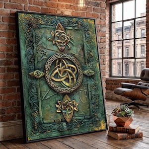 Celtic Knotwork Canvas Wall Art, Green Gold Ancient Symbol Home Decor (Ready to Hang)