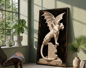 May include: A framed rectangular wall art piece featuring a high-relief sculpture of a winged feline creature. The off-white, muscular figure with large, pointed ears and expansive wings stands atop a jagged stone pedestal against a dark background.