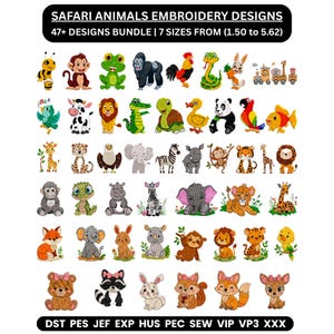 May include: A digital collection of safari animal embroidery designs featuring over 47 colorful illustrations including monkeys, lions, elephants, and zebras. The text reads SAFARI ANIMALS EMBROIDERY DESIGNS, 47+ DESIGNS BUNDLE, and 7 SIZES FROM 1.50 to 5.62.