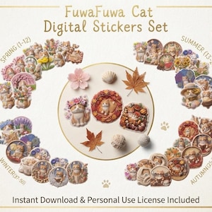以下が含まれることがあります： FuwaFuwa Cat Digital Stickers Setというタイトルのデジタルステッカーセット。春、夏、秋、冬の季節ごとに整理された50種類のユニークなプレクロップ済みPNGデザインが含まれています。様々な猫のイラストが描かれています。