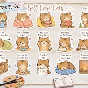 以下が含まれることがあります： 15種類の茶色のトラ猫のイラストが描かれたデジタルステッカーセット。様々な表情やポーズをしており、「One Step at a Time」、「Rest is Productive Too」、「Progress, Not Perfection」などのモチベーションを高めるテキストが添えられています。