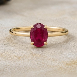Dainty Ruby Engagement Ring, Oval Cut Red Stone Gold Ring Vintage Inspired Solitaire, Birthstone Ring Handmade Fine Jewelry Anniversary Gift