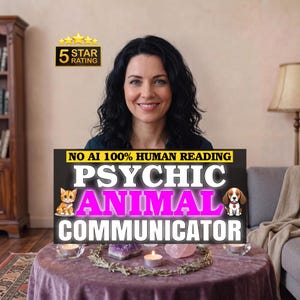 Peut inclure: Un panneau rectangulaire à fond noir avec le texte blanc NO AI 100% HUMAN READING PSYCHIC ANIMAL COMMUNICATOR. Le panneau présente un chat orange et un chien beagle en dessin animé, avec un graphique de 5 étoiles dans le coin supérieur gauche.