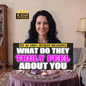 May include: A person with dark hair sits behind a round table covered in a purple cloth. On the table are crystals, a wreath, and lit candles. A black sign with yellow and white text reads: NO AI 100% HUMAN READING WHAT DO THEY TRULY FEEL ABOUT YOU.