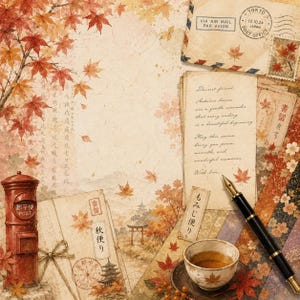 May include: A vintage-style stationery set featuring a red Japanese post box, a fountain pen, a tea cup with a maple leaf design, and envelopes decorated with autumn maple leaves, Japanese calligraphy, and a postmark dated 12.10.24 from Tokyo.