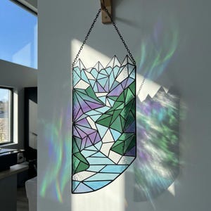Apanhador de Sol de Vidro com Paisagem, Decoração Desconstruída para Janela com Montanha e Rio, Presente de Arte da Natureza