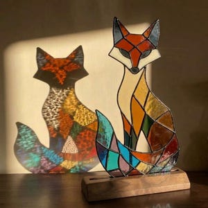 Peut inclure: Une sculpture de renard en vitrail composée de pièces de verre géométriques multicolores, notamment orange, jaune, bleu et vert, assemblées par des lignes de soudure en métal sombre, montée sur une base en bois rectangulaire projetant une ombre.