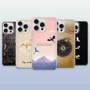 May include: Five smartphone cases featuring dragon-themed designs. The cases display various illustrations including silhouettes of dragons, mountain landscapes, and text such as 'FOUR WING' and 'A DRAGON WITHOUT ITS RIDER IS A TRAGEDY'.