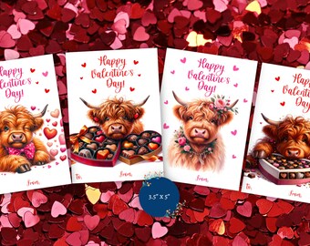 Highland Cow Valentine's Day Cards. Flat 3.5" x 5" Cards with Envelopes. Highland Cows, Cute Cows. Choose from 12, 18, 24, 30, 36 or more!