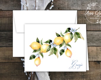 Lemon Grazie Thank You Notes with Envelopes, Lemon and Blossom Design, Free Personalization, Wording is Adjustable! Set of 12 or More.