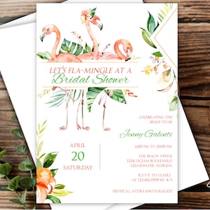 Tropical Flamingo Bridal Shower Invitations with Envelopes, Florida, Hawaii, Island, Destination, Tropical, Luau, Flamingos, Personalized
