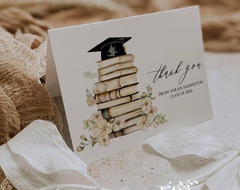 Floral Graduation Thank You Cards: Book Theme, Class of 2026, Personalized Set of 12