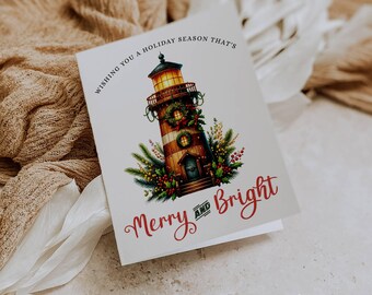 Personalized Lighthouse Christmas Cards: Coastal Holiday Set of 12 with Envelopes
