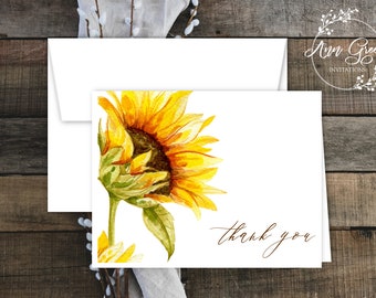 Sunflower Thank You Note Cards with Envelopes. Sunflower Note Cards. Watercolor Sunflower Print. Free Personalization. Sets of 12 or More.