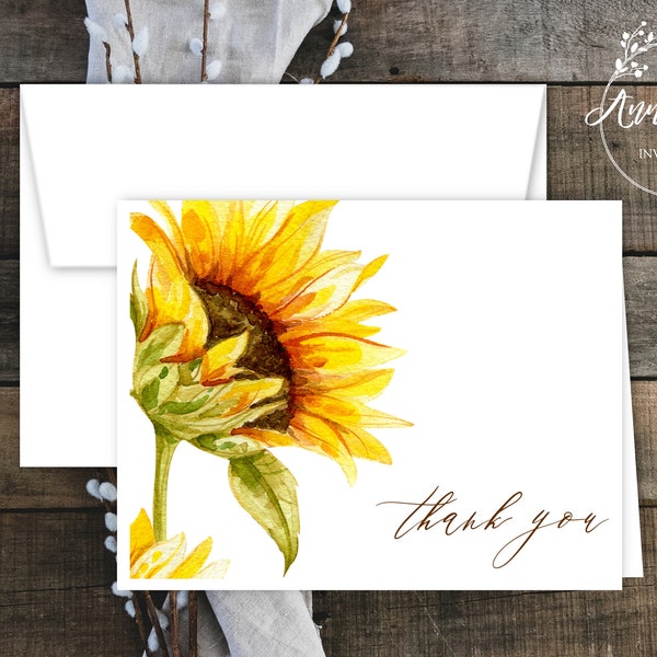 Sunflower Thank You Note Cards with Envelopes. Sunflower Note Cards. Watercolor Sunflower Print. Free Personalization. Sets of 12 or More.