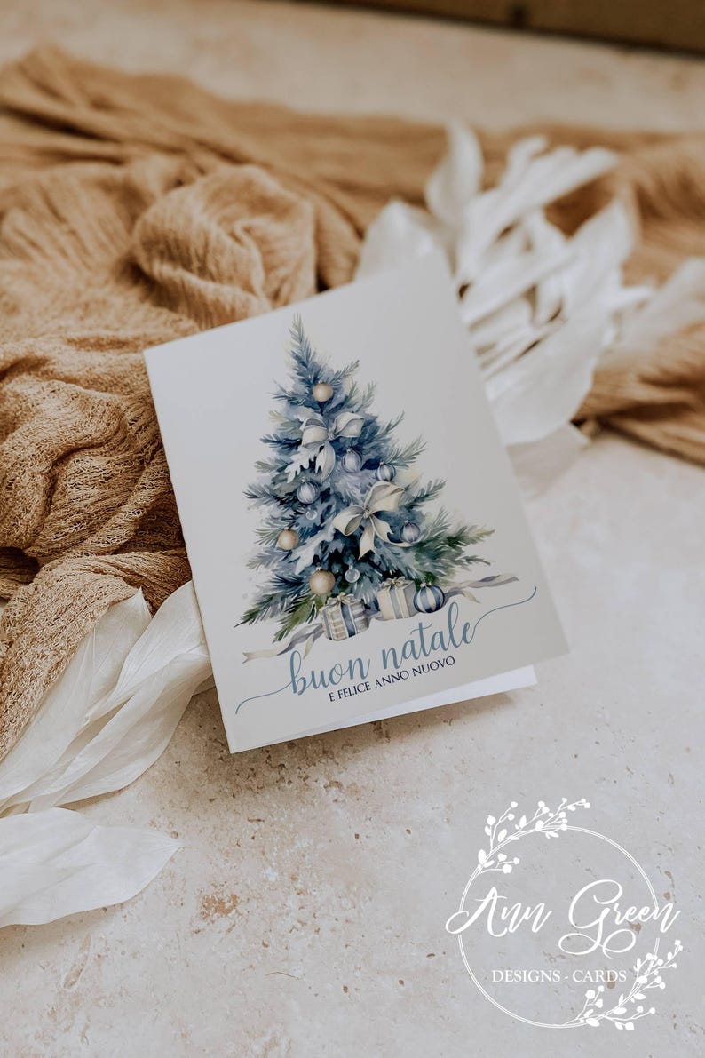 Buon Natale Italian Christmas Cards, Italy Christmas Cards, Ice Blue, Christmas Tree, Set of 12 with Envelopes, Personalized or Blank image 1