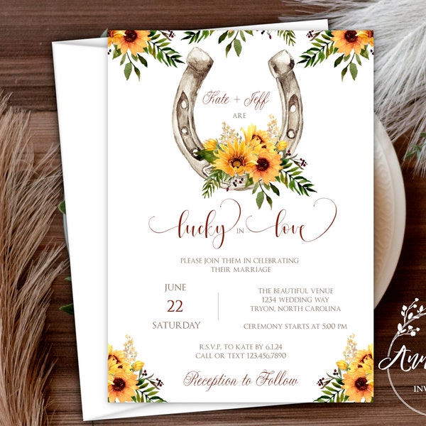 Casual Summer Barn Wedding Invitation with Envelopes, Horseshoe and Sunflowers, Barn Chic, Lucky in Love, Derby, Adjustable Wording