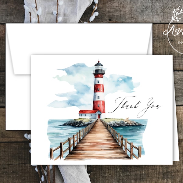 Lighthouse Thank You Notes with Envelopes. Red and White Lighthouse, Beach, Coastal, Free Personalization, Set of 12 or More.