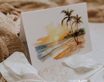Tropical Sunset Thank You Cards: Beach Palm Tree Note Cards (Set of 12)