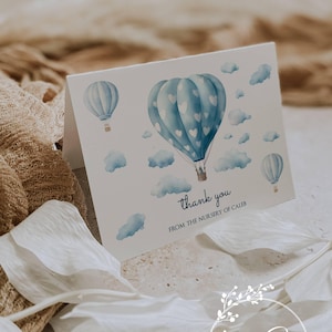 Blue Hot Air Balloon Baby Shower Thank You Notes: Personalized Cards Set