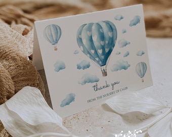 Blue Hot Air Balloon Baby Shower Thank You Cards: Personalized Set of 12