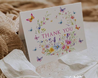 Wildflower Butterfly Thank You Notes: Personalized Baby Shower Cards. Set of 12 with Envelopes.