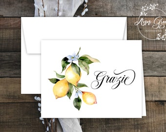 Lemon Grazie Thank You Notes with Envelopes | Lemons, Blossoms, Amalfi, Italy, Grazie, Tuscany | Free Personalization | Set of 12 or More.