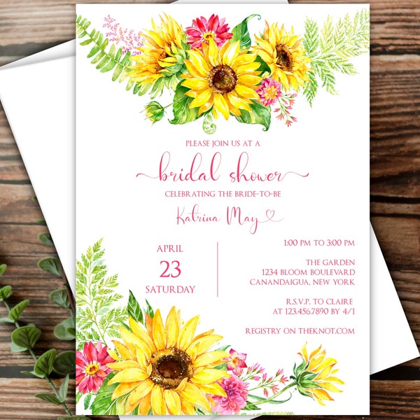 Bright Fuchsia + Yellow Sunflower Bridal Invitations with Envelopes, Sunflowers, Pink Flowers, Bright Colors for Summer, Adjustable Wording