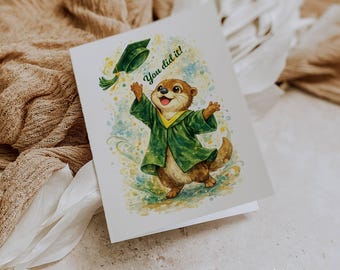 Personalized Otter Graduation Thank You Cards: Green and Gold (Set of 12)