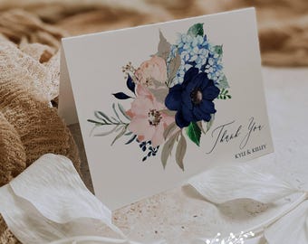 Floral Hydrangea Thank You Cards: Navy Blue Pink Bridal Shower Stationery (Set of 12)