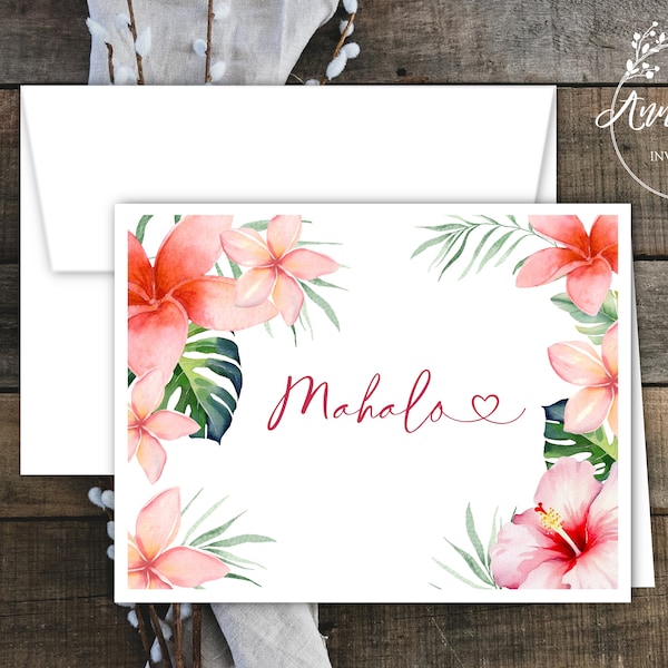 Tropical Wedding Thank You Notes, Mahalo Thank You Cards with Envelopes, Plumeria and Hibiscus, Hawaii, Island, Free Personalization