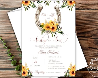 Lucky in Love Bridal Shower Invitations with Envelopes, Horseshoe with Sunflowers, Horse Lover, Barn, Derby Bridal Shower, Personalized