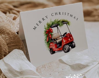Golf Cart Christmas Cards: Holiday Pine & Red Ribbon Design - Set of 12