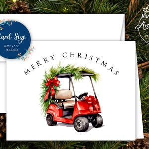 Golf Theme Christmas Cards, Golfer Christmas Card, Red Golf Cart covered in Pine and Red Ribbons, Set of 12 Cards with Envelopes.