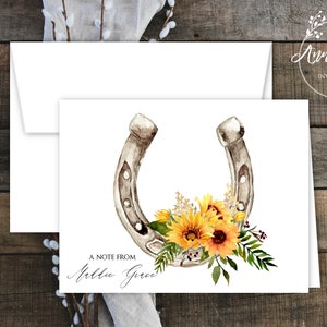 Horseshoe with Sunflowers Thank You Note Cards w/Envelopes. Derby, Equestrian, Horseshoe, Horses. Free Personalization. Sets of 12 or More.