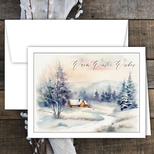 Snowy Winter Scene of Cabin in the Woods Watercolor Print Christmas Holiday Cards, Cozy Cabin, Warm Winter Wishes, Set of 12 with Envelopes