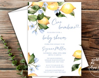 Ciao Bambino Lemon Baby Shower Invitations with Envelopes, Tuscany, Amalfi Coast, Italy, Citrus, Baby Boy, Blue, Adjustable Wording!