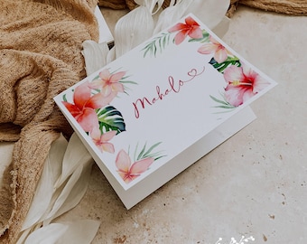 Mahalo Thank You Notes: Hawaii Pink Hibiscus & Plumeria, Personalized Set of 12 with Envelopes