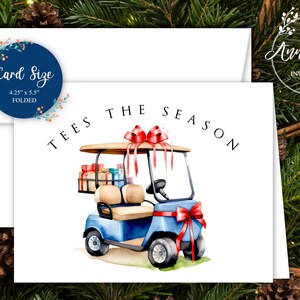 Blue Golf Cart Holiday Cards, Golf Christmas Cards, Golf Cart with Christmas Gifts, Tees the Season, Set of 12 with Envelopes