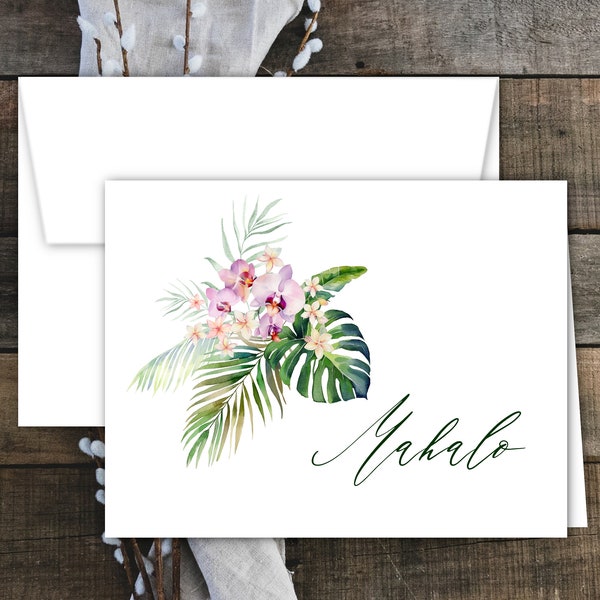 Mahalo Tropical Hawaiian Flowers Thank You Notes with Envelopes | Orchids & Plumeria | Free Personalization | Set of 12 or More