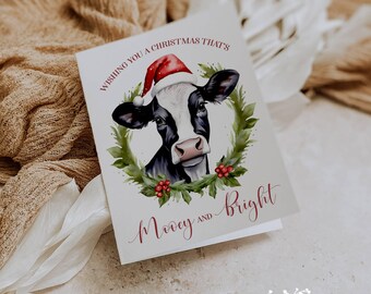 Holstein Cow Christmas Cards: Santa Hat Holiday Wreath, Set of 12