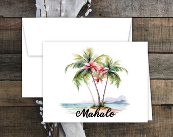 Hawaiian Island Vibe Mahalo Thank You Note Cards w/Envelopes | Palm Tree, Flowers, Island | Blank Inside or Add a Message! Set of 12 or More