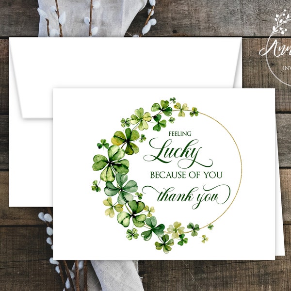 Shamrock Thank You Note Cards with Envelopes. Irish, Lucky in Love, Shamrocks, Four Leaf Clover. Free Personalization. Sets of 12 or More.