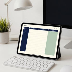 May include: A tablet displaying a digital planner interface with the text Topk at the top. The screen features a dark blue sidebar, a central section with horizontal lines, and a light green column on the right, all organized within a structured layout.