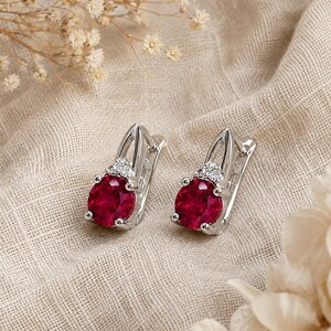 Lab Grown Ruby Hoop Earrings | 925 Sterling Silver Red Gemstone Earrings | July Birthstone Jewelry | Anniversary Gift for Women