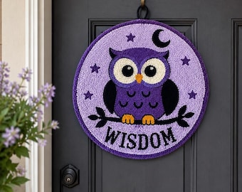 Wise Owl Punch Needle Door Sign, Boho Forest Animal Wall Tapestry, Textile Entryway Hanging Decor