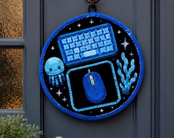 Bioluminescent Glowing Punch Needle Door Hanger, Textile Fiber Art Wreath, Round 20cm Handmade Entryway Accent