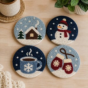 4pcs Snowed In Punch Needle Coasters, Cozy Winter Yarn Table Decor, Handmade Textile Mug Rug Set